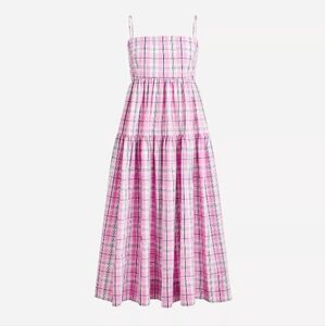 J.Crew Cotton Poplin Tiered Tie Back Midi Dress Pink Plaid 4